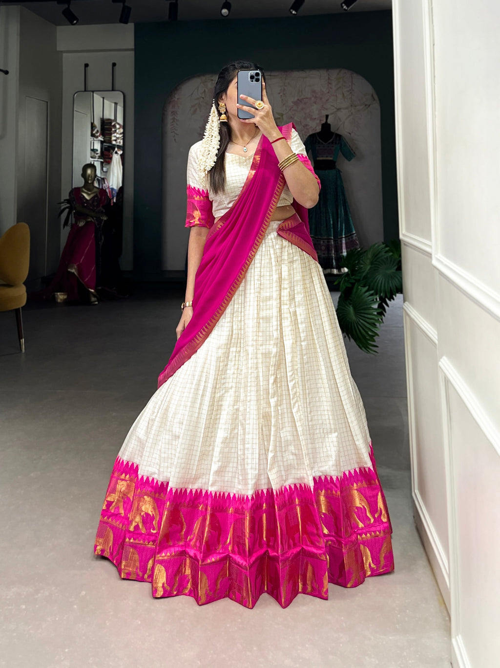 Lorenvalley Fashion White Poly Cotton Chex With Zari Weaving Work Lehenga Choli with Dupatta