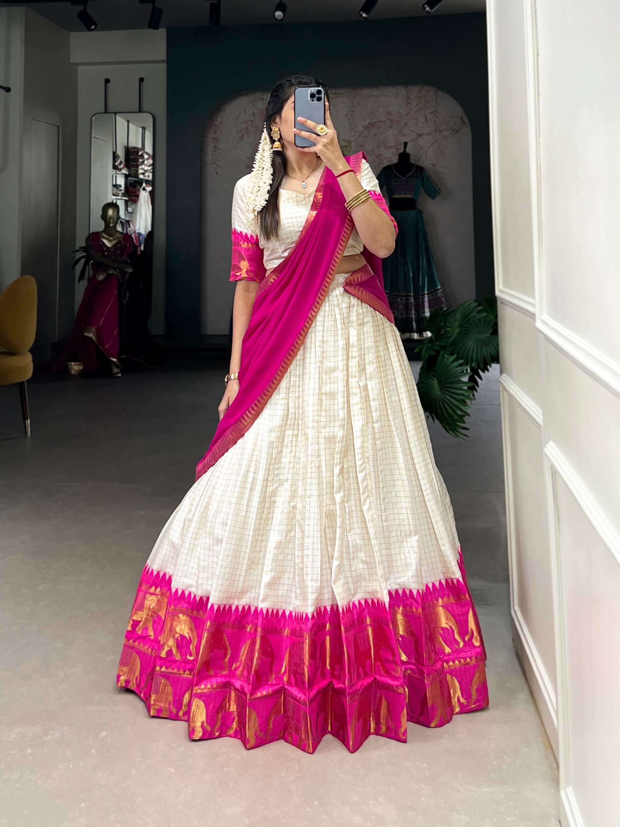 Lorenvalley Fashion White Poly Cotton Chex With Zari Weaving Work Lehenga Choli with Dupatta