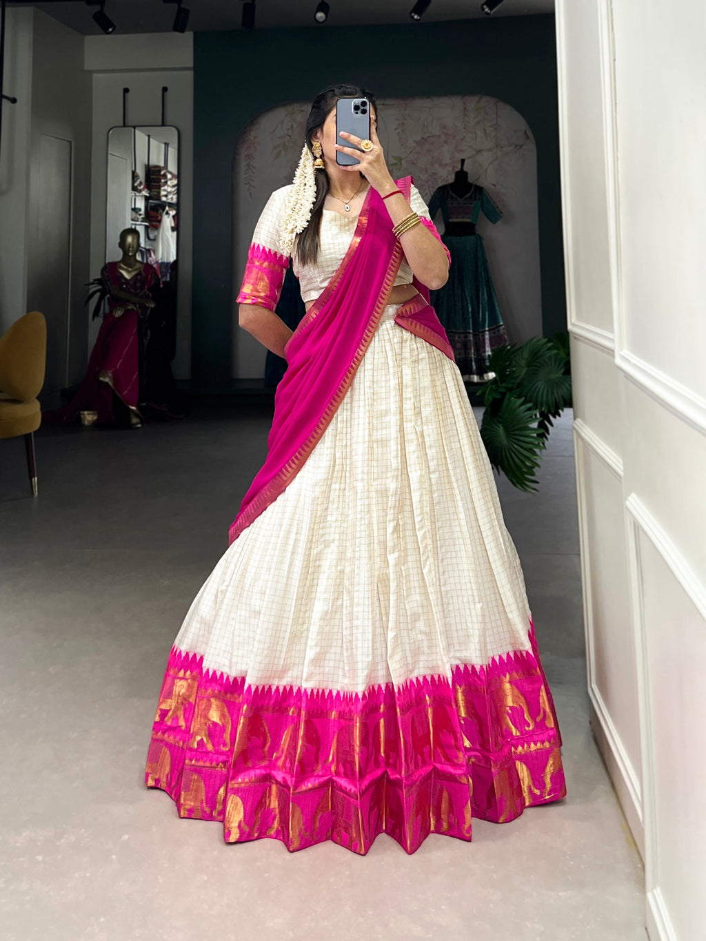 Lorenvalley Fashion White Poly Cotton Chex With Zari Weaving Work Lehenga Choli with Dupatta