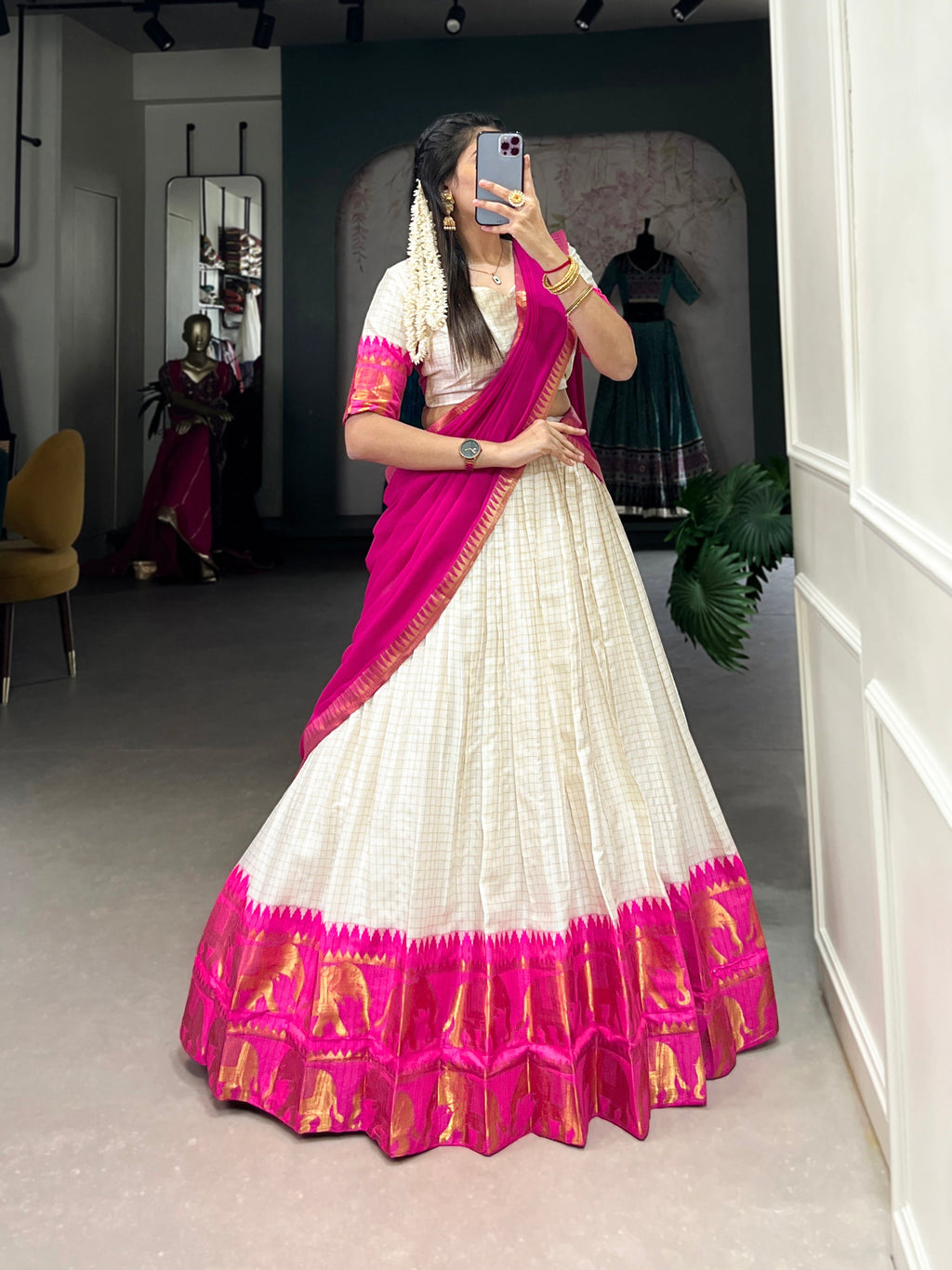 Lorenvalley Fashion White Poly Cotton Chex With Zari Weaving Work Lehenga Choli with Dupatta