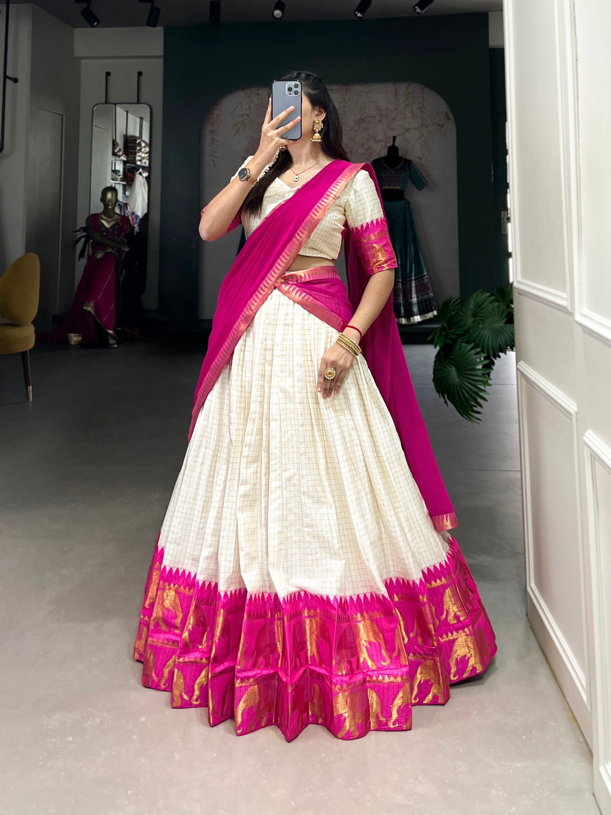 Lorenvalley Fashion White Poly Cotton Chex With Zari Weaving Work Lehenga Choli with Dupatta