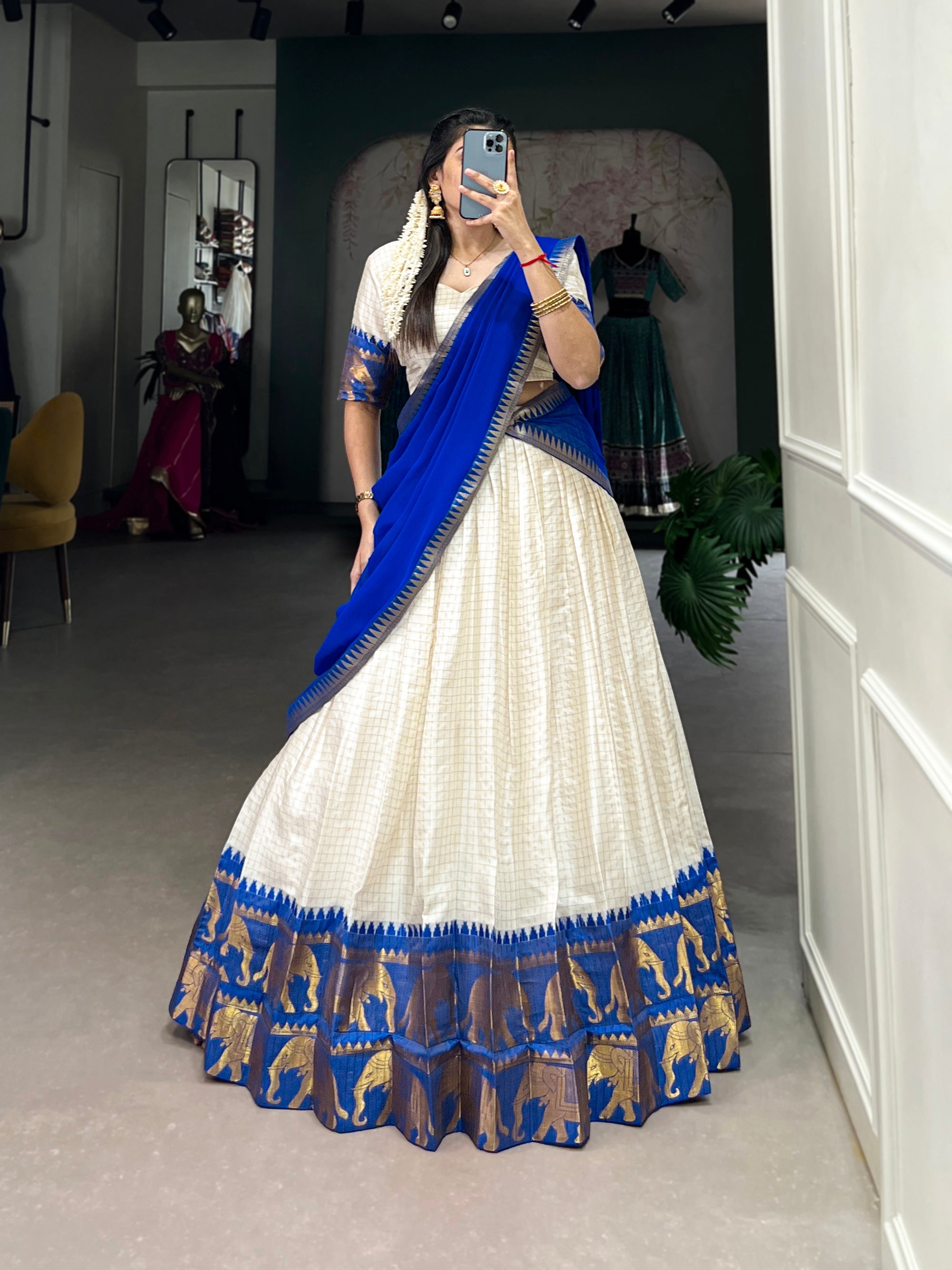 Lorenvalley Fashion White Poly Cotton Chex With Zari Weaving Work Lehenga Choli with Dupatta