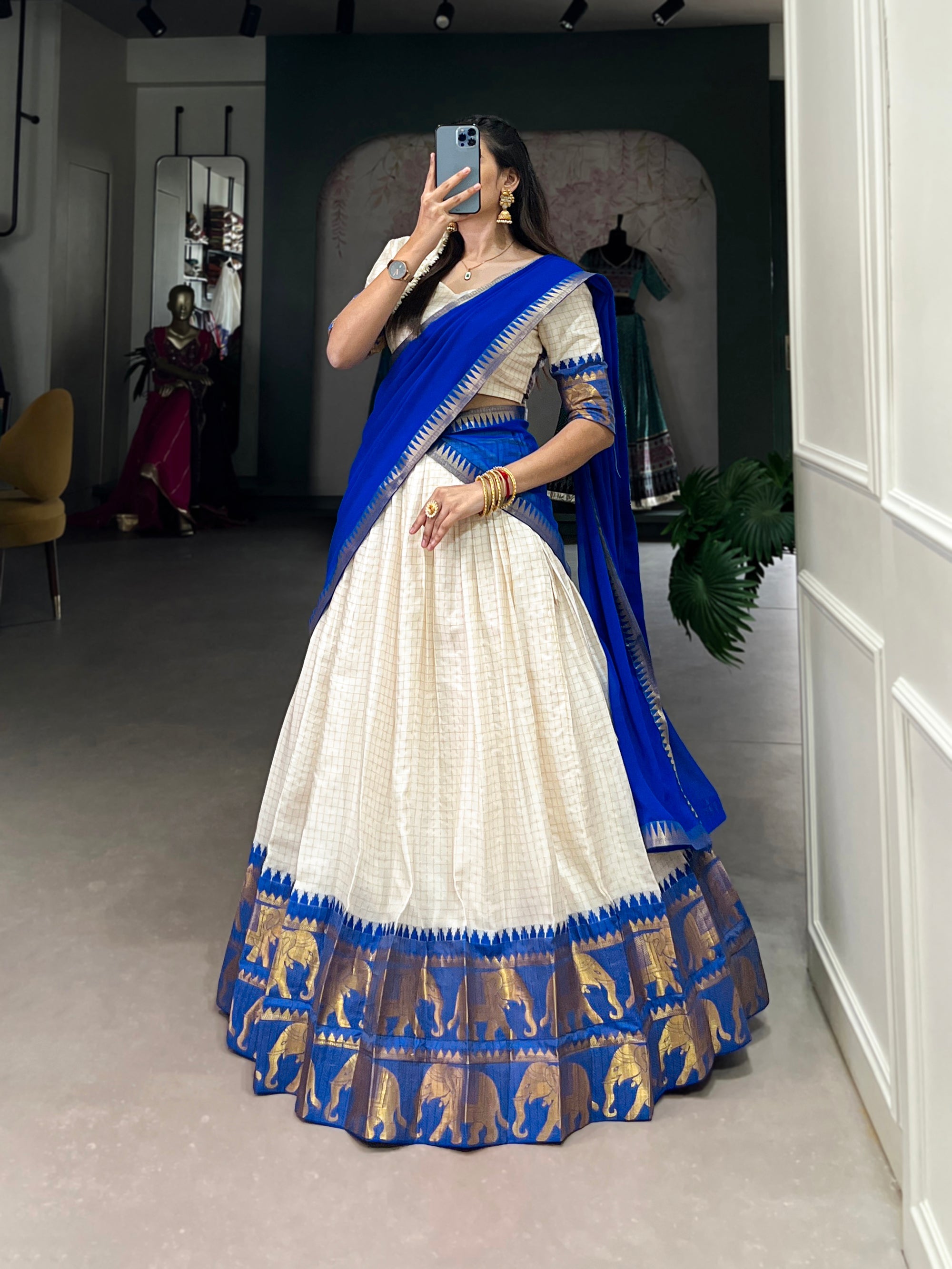 Lorenvalley Fashion White Poly Cotton Chex With Zari Weaving Work Lehenga Choli with Dupatta