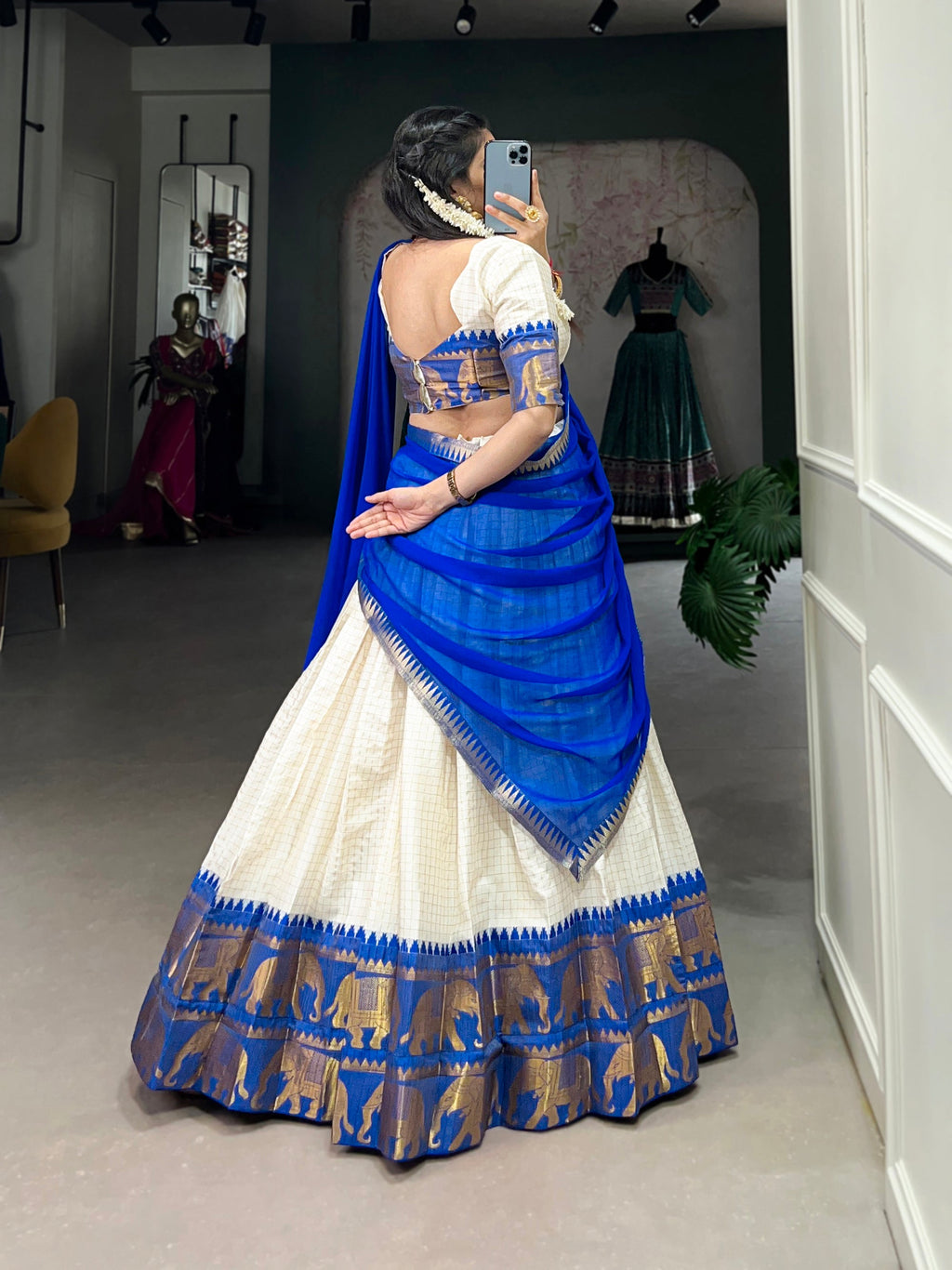 Lorenvalley Fashion White Poly Cotton Chex With Zari Weaving Work Lehenga Choli with Dupatta