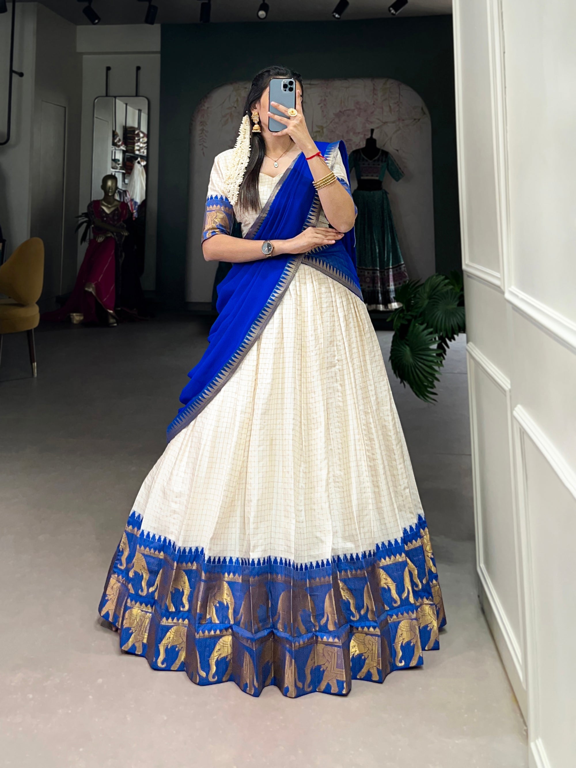 Lorenvalley Fashion White Poly Cotton Chex With Zari Weaving Work Lehenga Choli with Dupatta