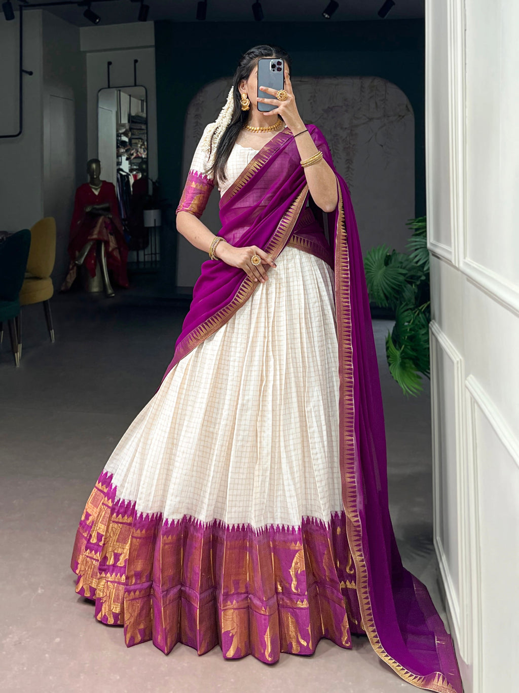 Lorenvalley Fashion White Poly Cotton Chex With Zari Weaving Work Lehenga Choli with Dupatta