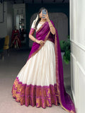 Lorenvalley Fashion White Poly Cotton Chex With Zari Weaving Work Lehenga Choli with Dupatta