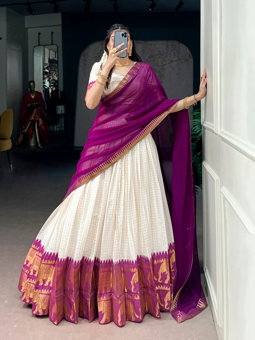 Lorenvalley Fashion White Poly Cotton Chex With Zari Weaving Work Lehenga Choli with Dupatta