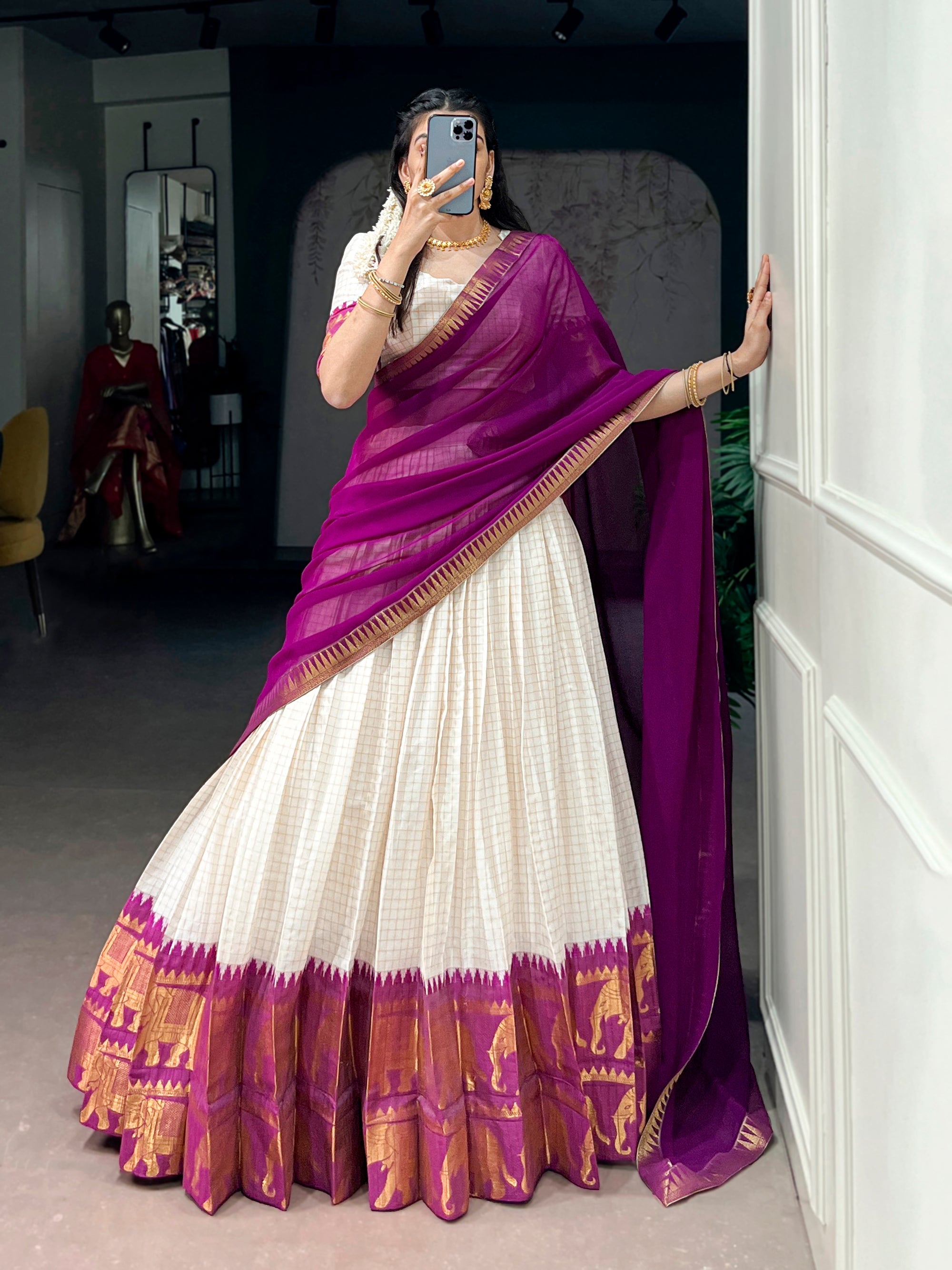 Lorenvalley Fashion White Poly Cotton Chex With Zari Weaving Work Lehenga Choli with Dupatta