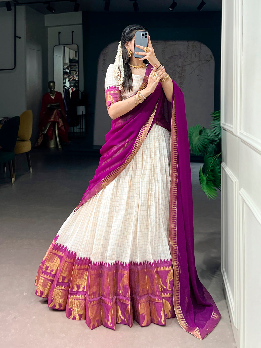 Lorenvalley Fashion White Poly Cotton Chex With Zari Weaving Work Lehenga Choli with Dupatta