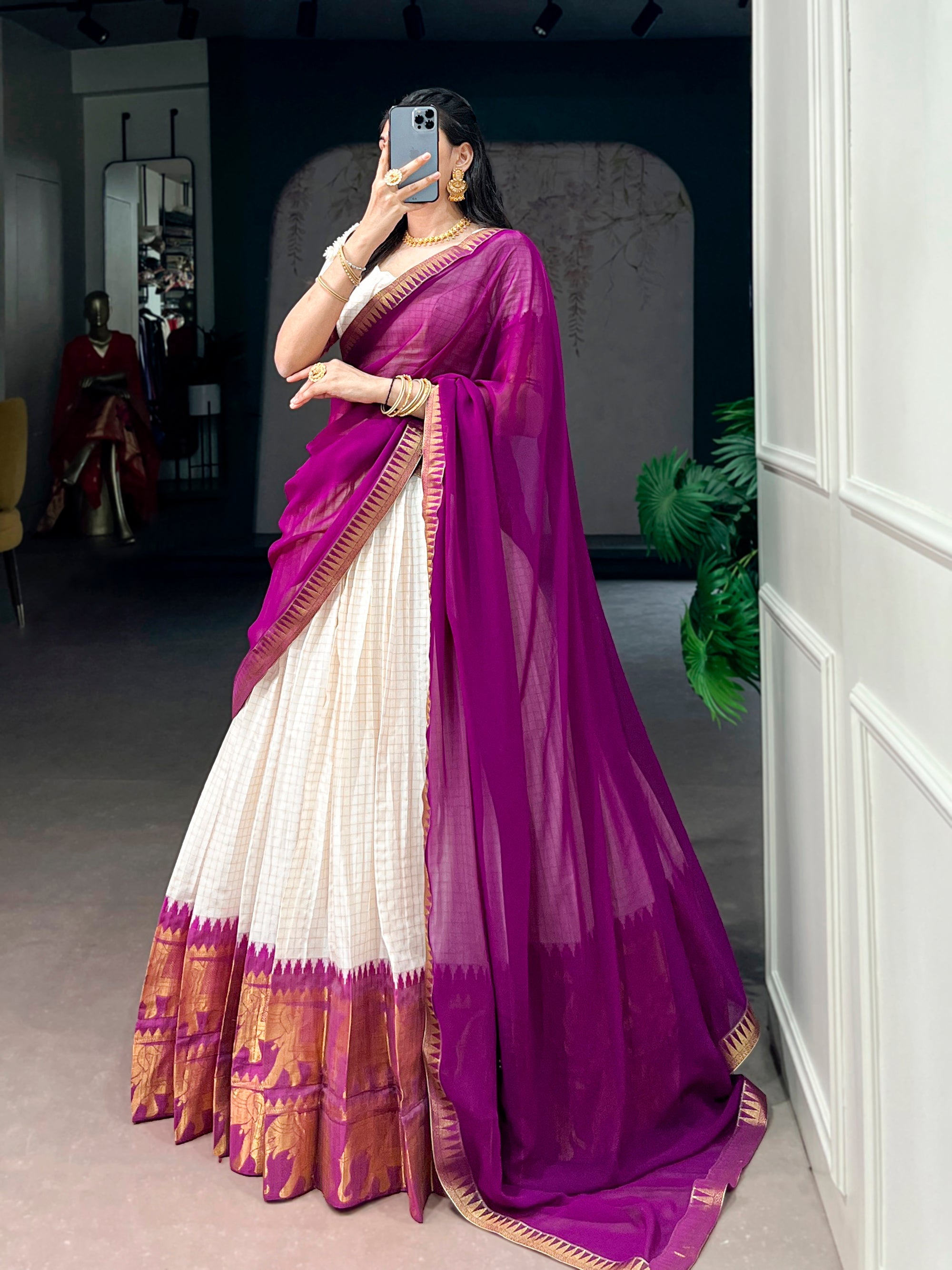 Lorenvalley Fashion White Poly Cotton Chex With Zari Weaving Work Lehenga Choli with Dupatta