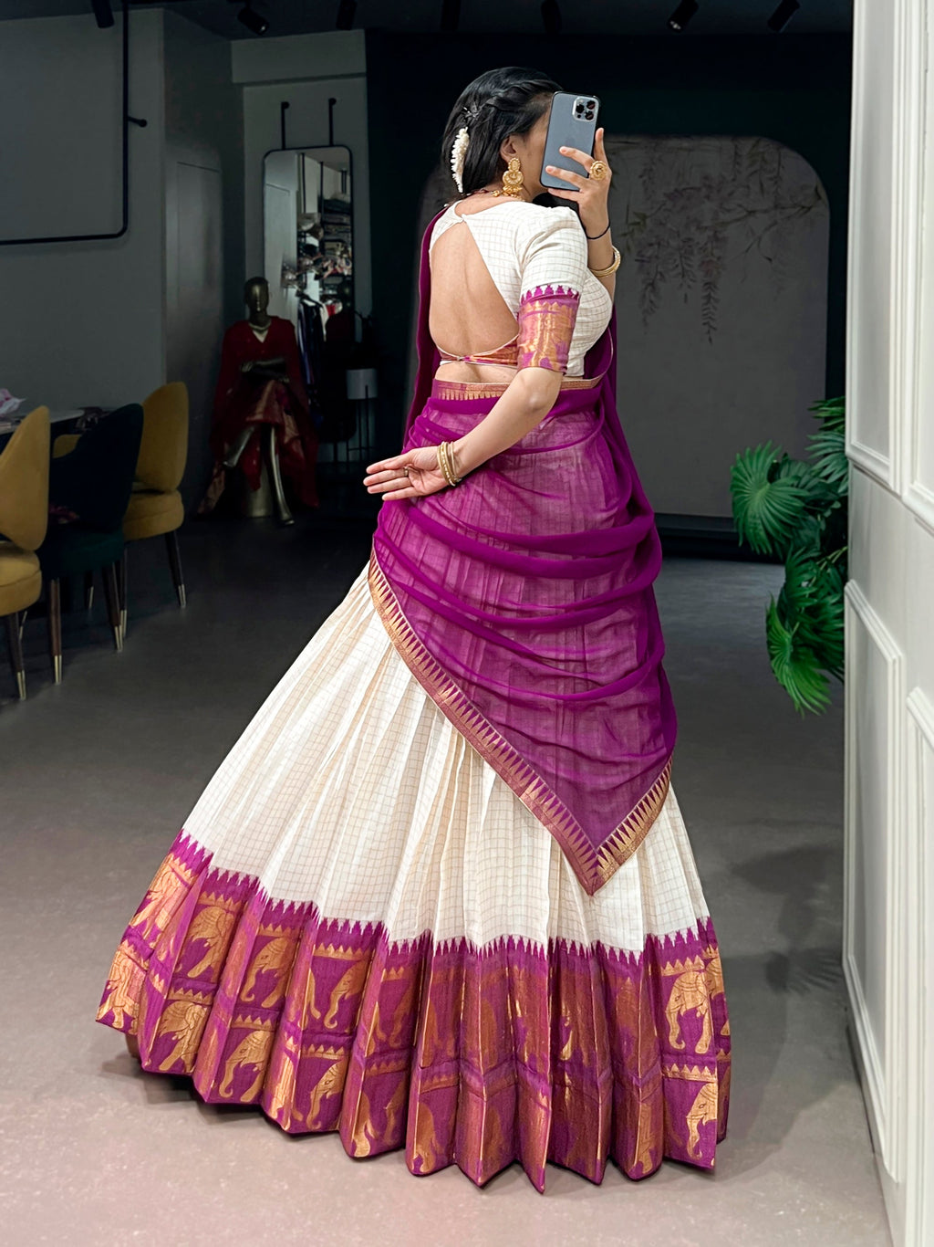Lorenvalley Fashion White Poly Cotton Chex With Zari Weaving Work Lehenga Choli with Dupatta