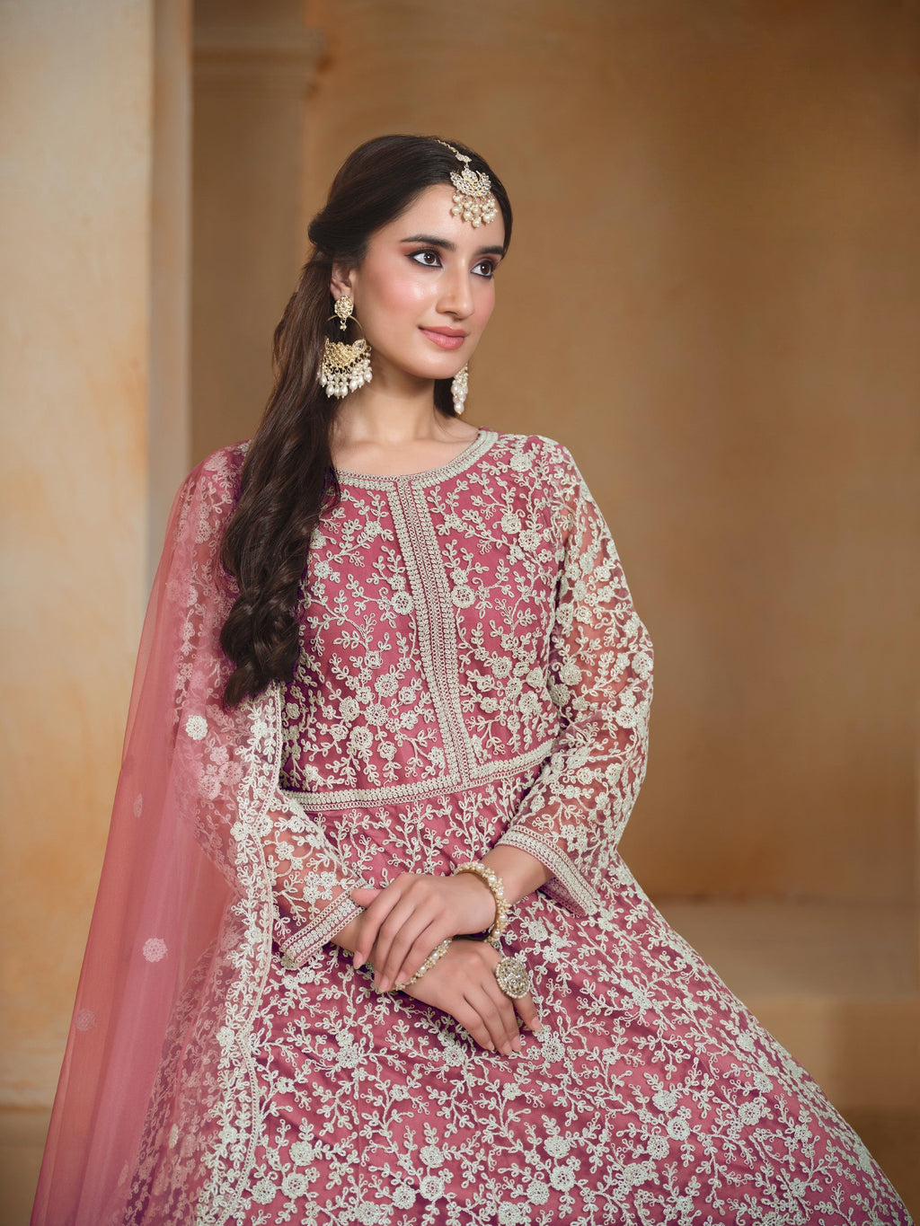 Anaita Pink Embroidered Net Anarkali Suit