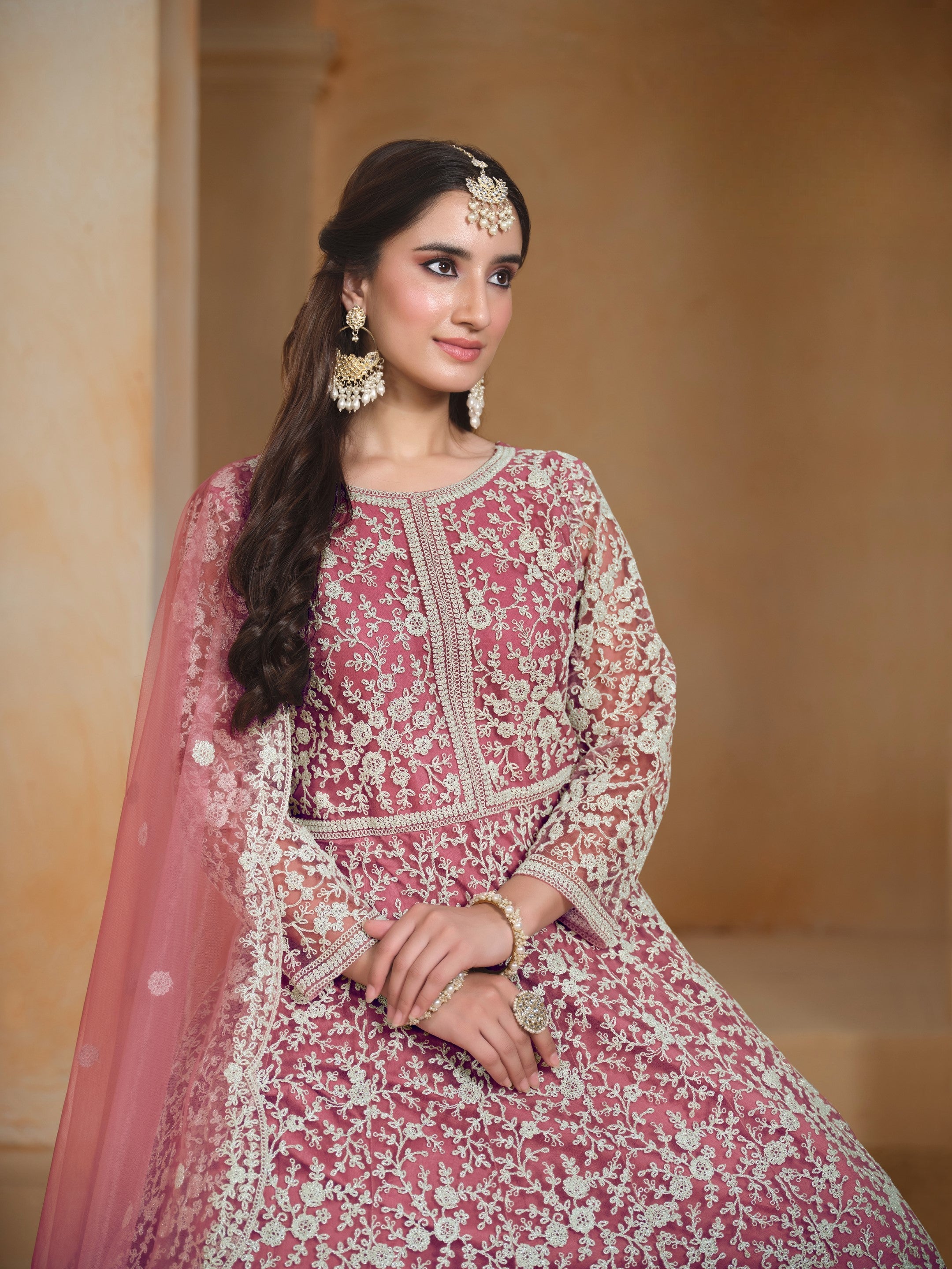 Anaita Pink Embroidered Net Anarkali Suit