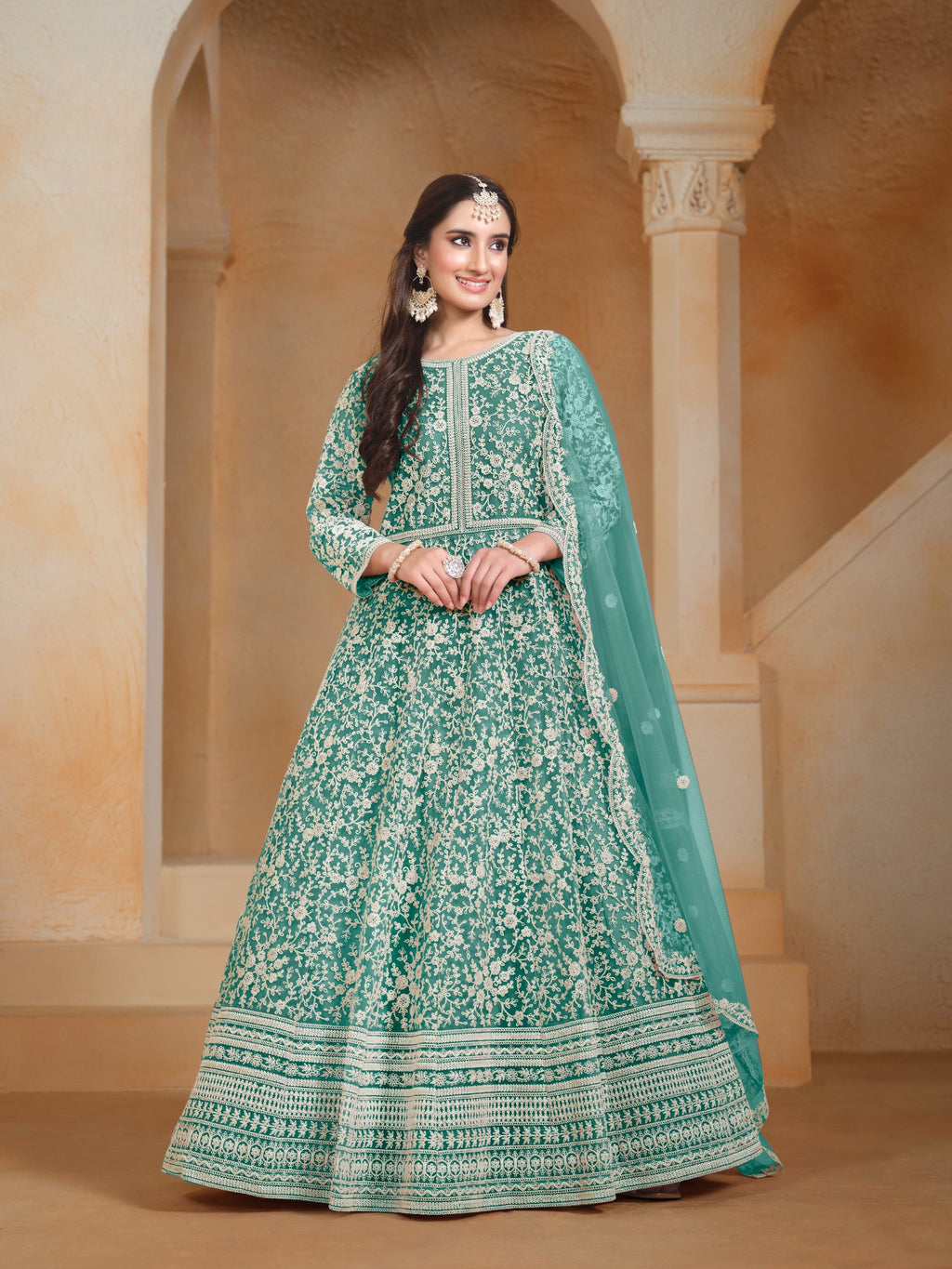 Anaita Sea Green Embroidered Net Anarkali Suit