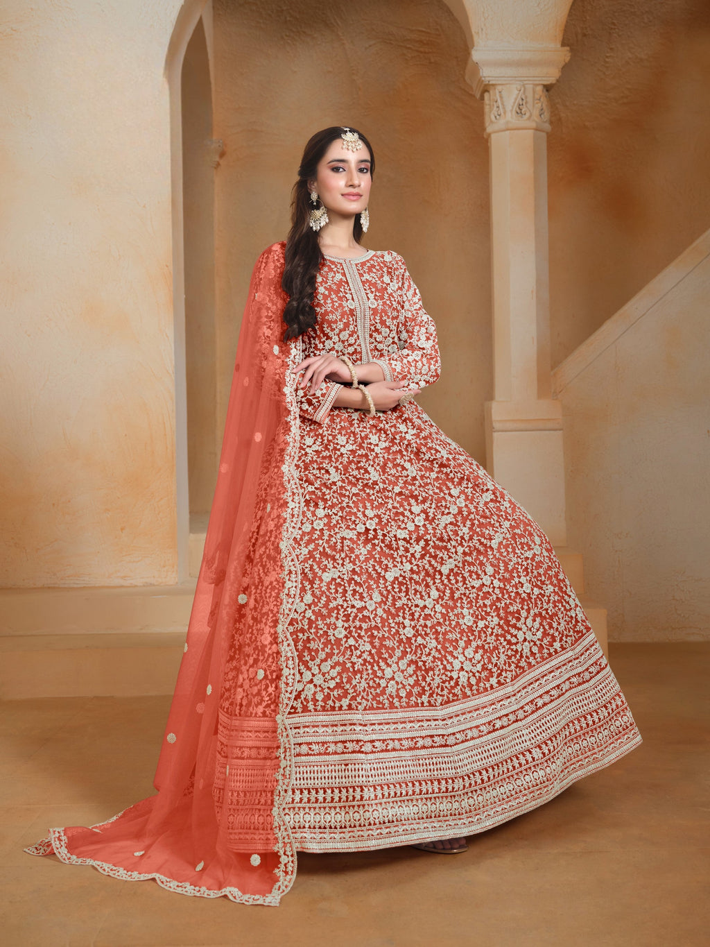 Anaita Orange Embroidered Net Anarkali Suit