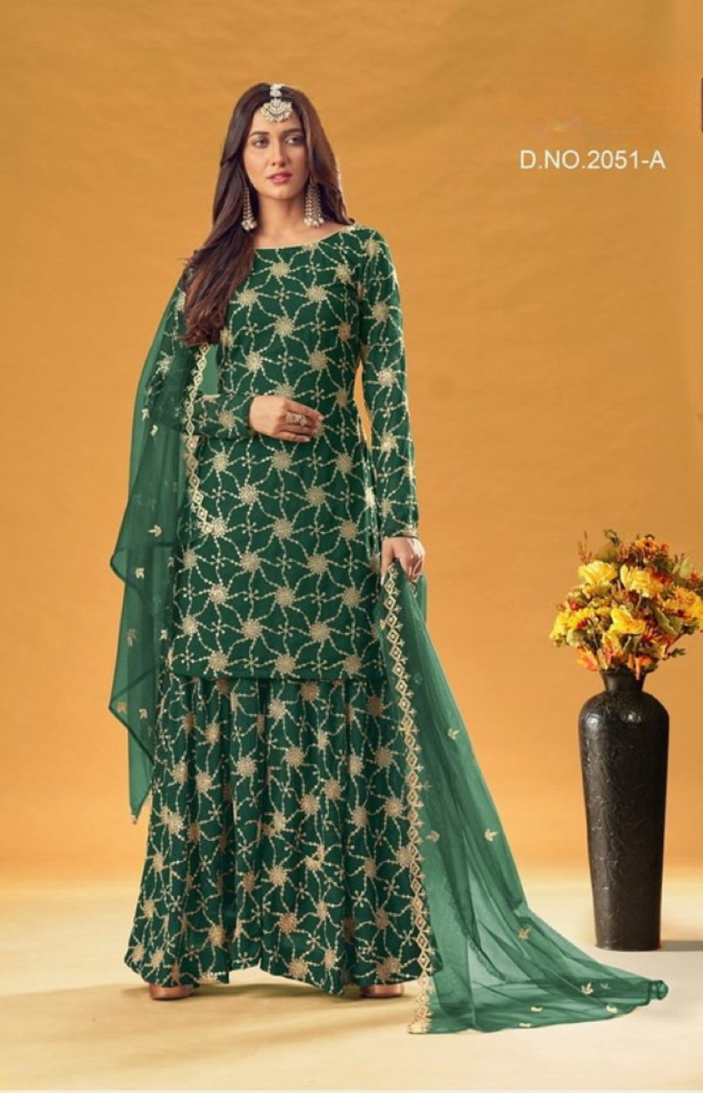 Anaita D Green Faux Georgette Plazzo Suit With Embroidery & Sequins Work