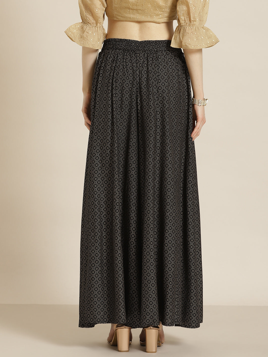 Juniper Black Geometric Printed Rayon Flared Women Palazzo With One Pocket