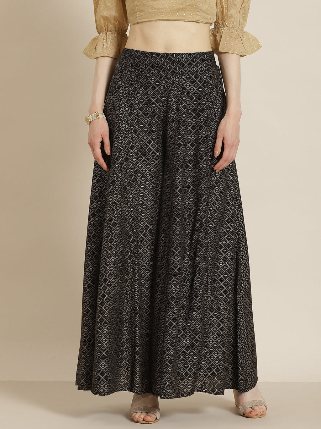 Juniper Black Geometric Printed Rayon Flared Women Palazzo With One Pocket