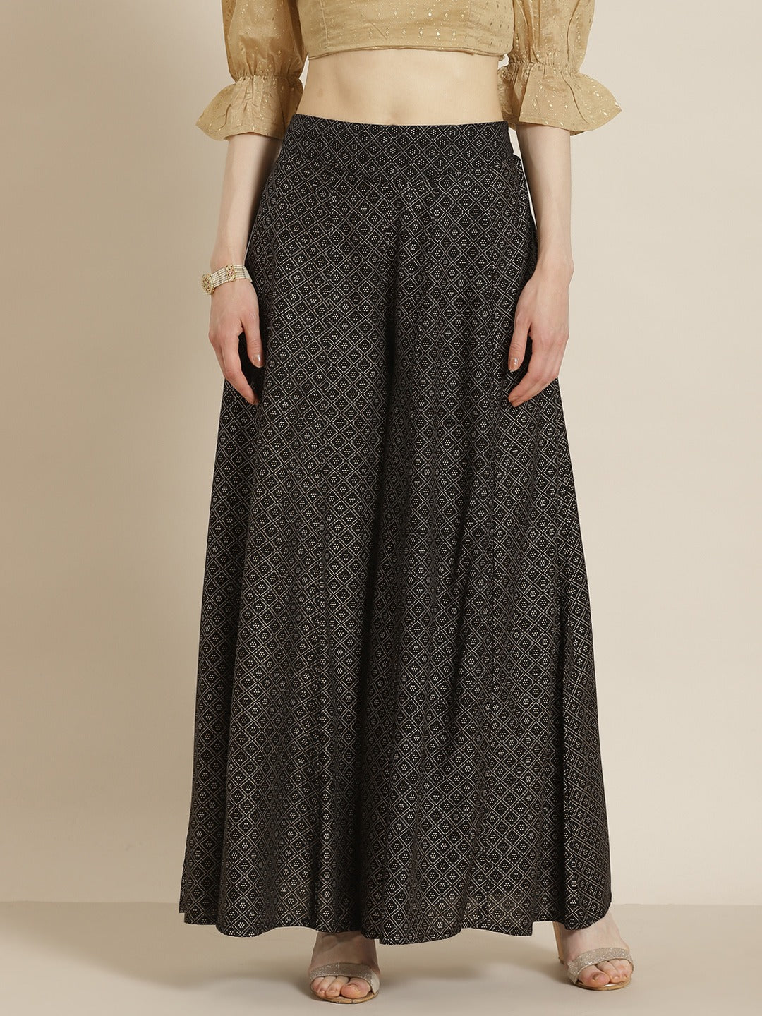 Juniper Black Geometric Printed Rayon Flared Women Palazzo With One Pocket
