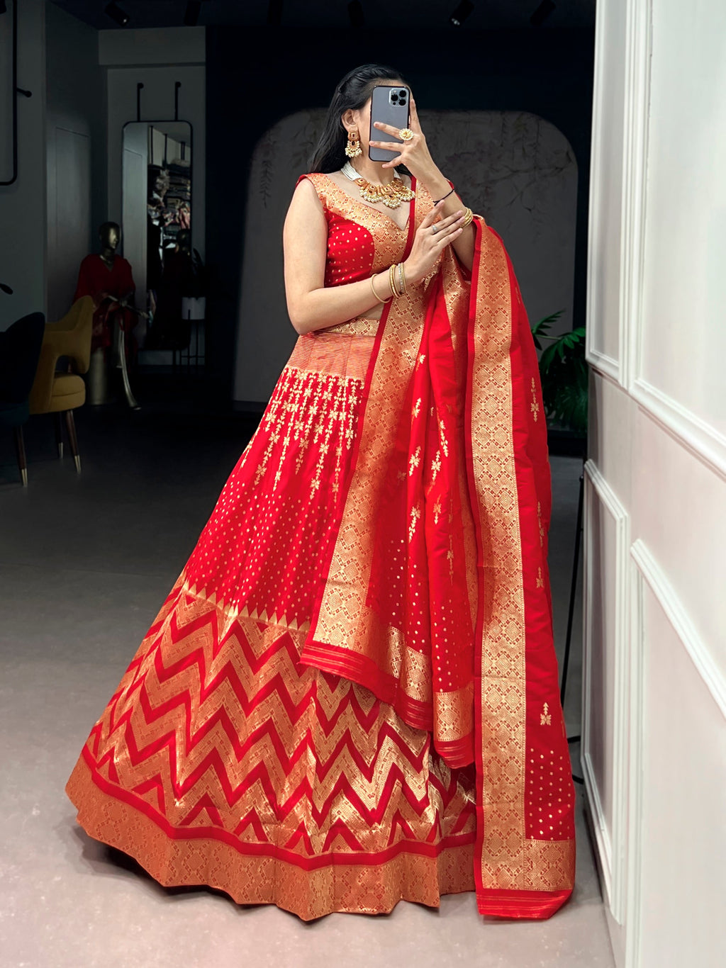 Lorenvalley Fashion Red Silk Zari Weaving Work Lehenga Choli with Dupatta