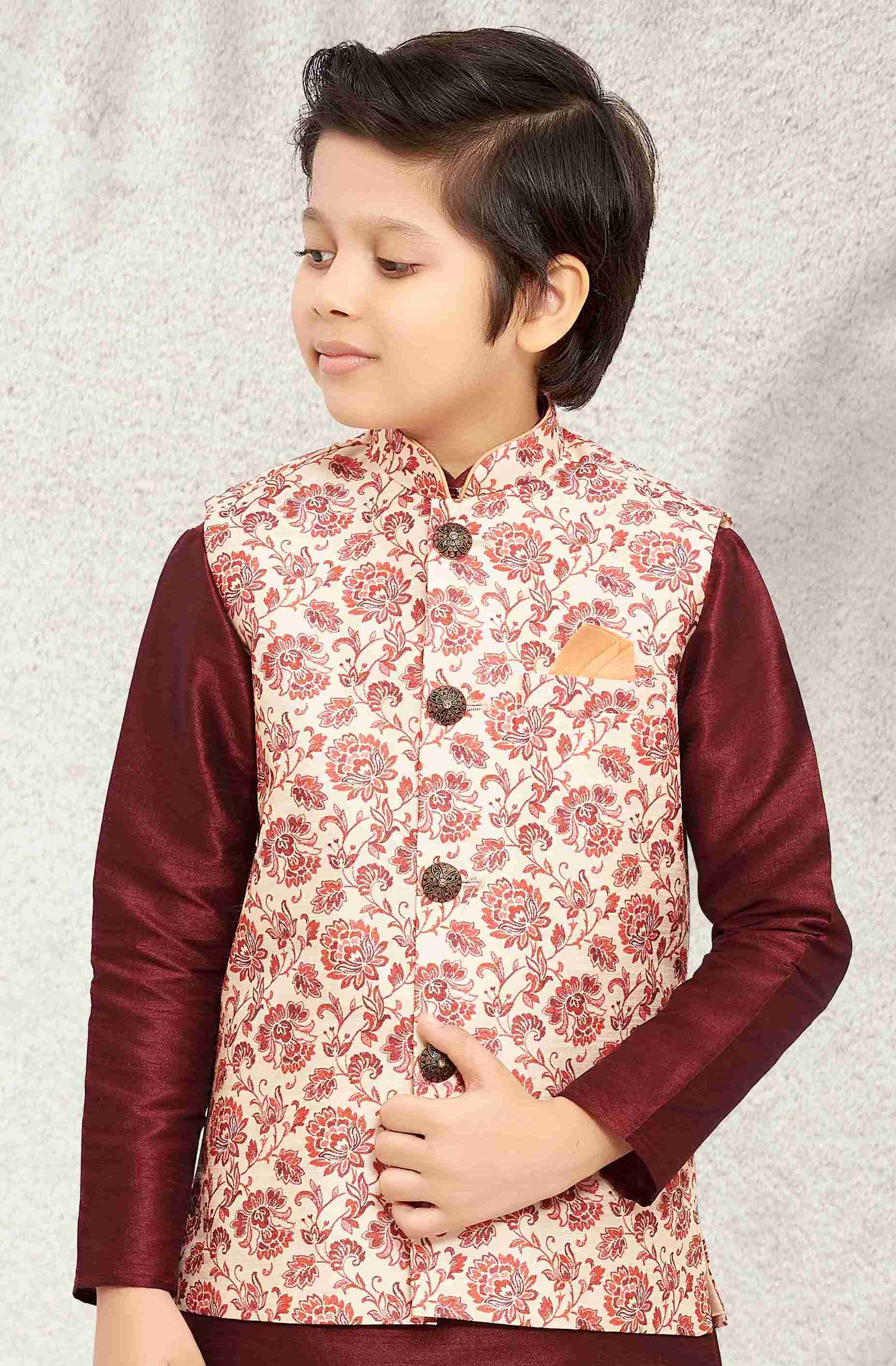 Raivat Ethnic Banarasi Silk Digital Printed Kurta Pajama With Jacket In Cream Colour