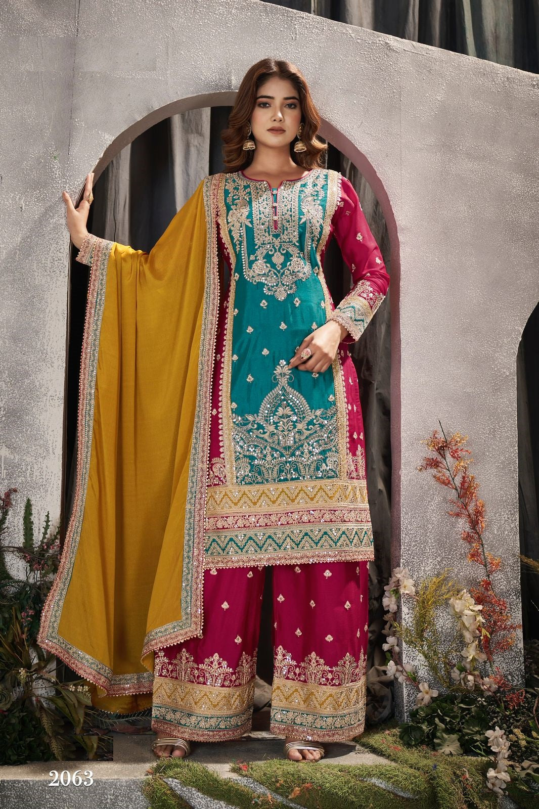 Anaita Teal And Maroon Embroidered Viscose Chinon Salwar Suit