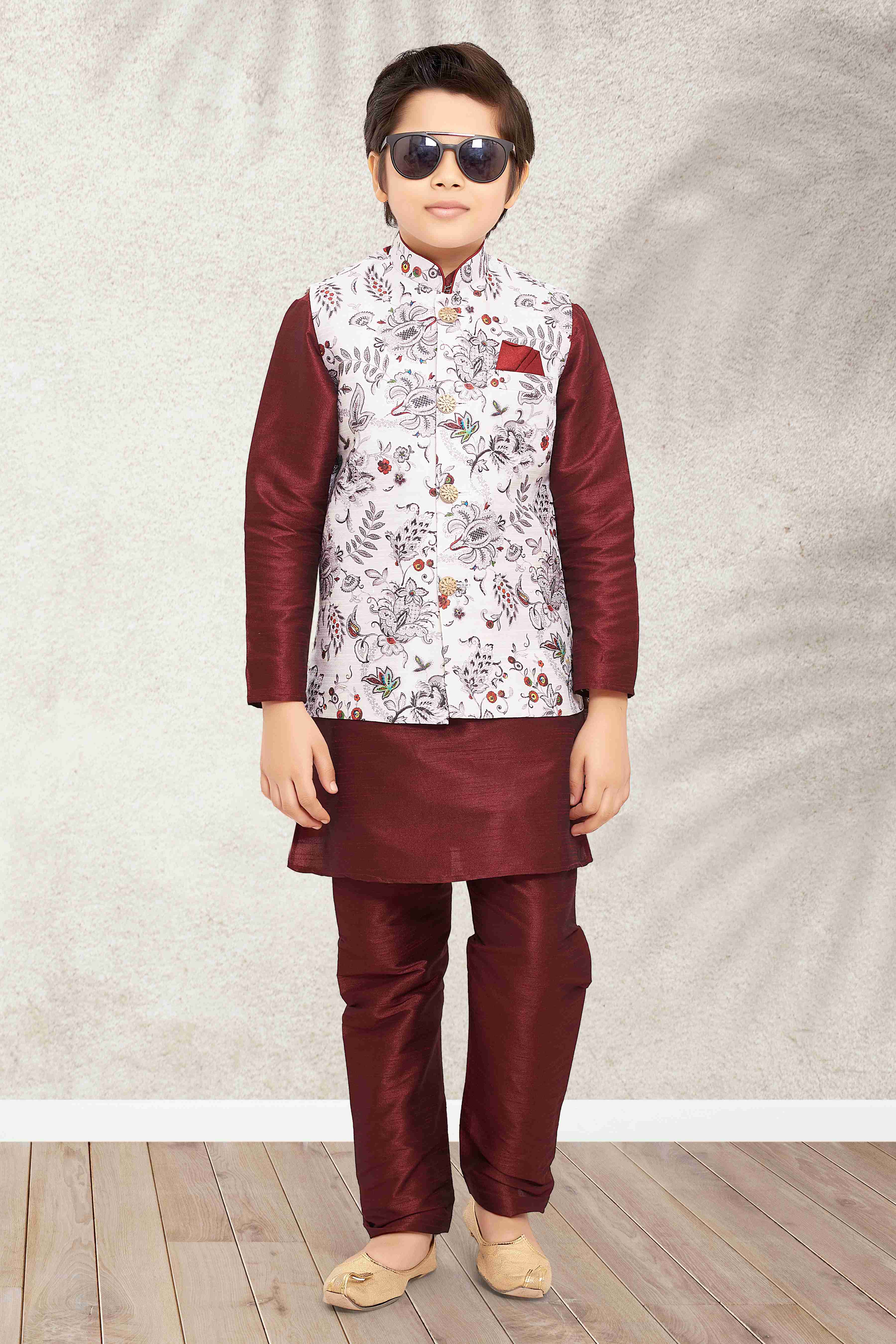 Raivat Ethnic Banarasi Silk Digital Printed Kurta Pajama With Jacket In Off White Colour