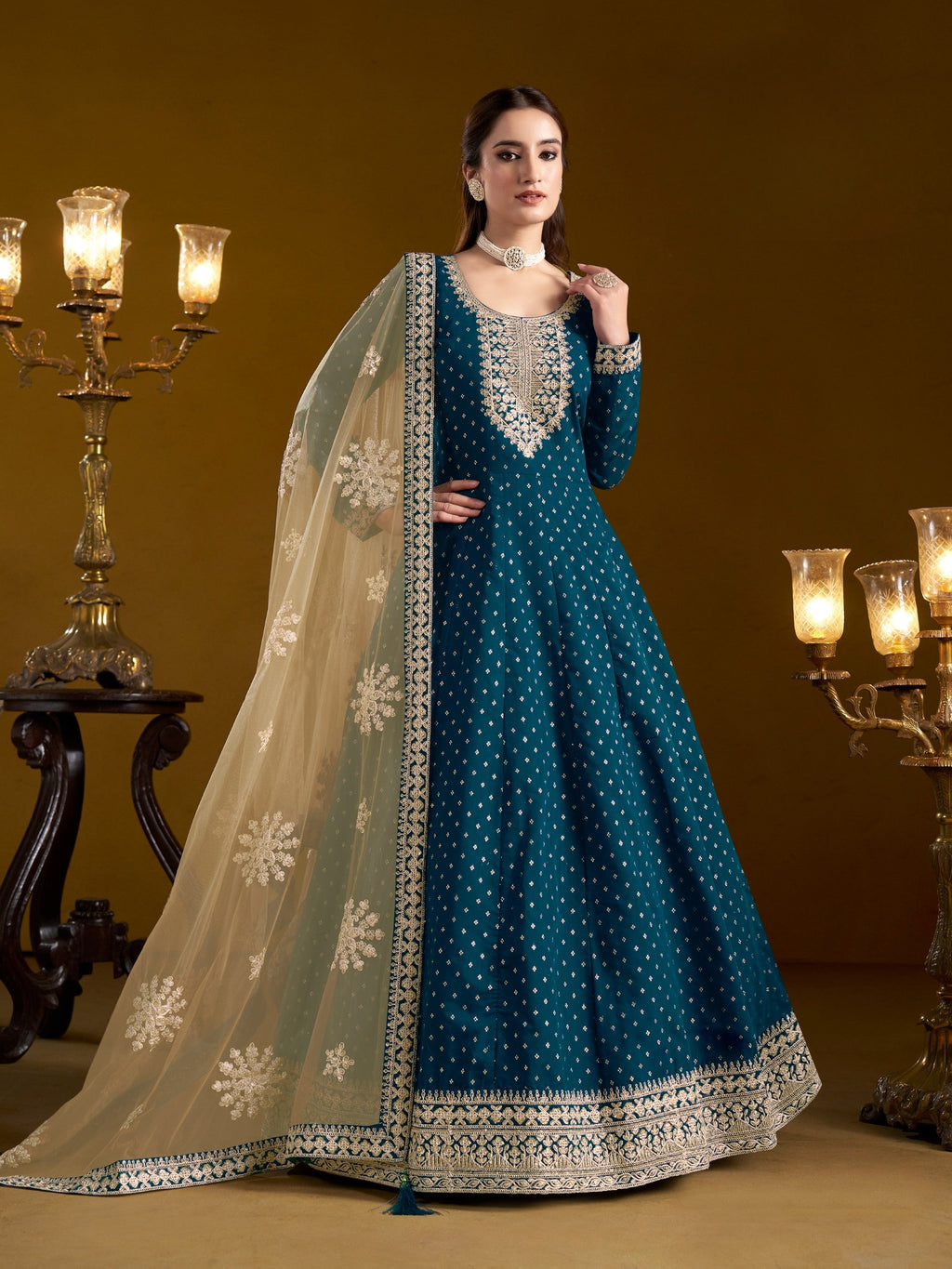 Anaita Teal Embroidered Jacquard Chanderi Anarkali Suit