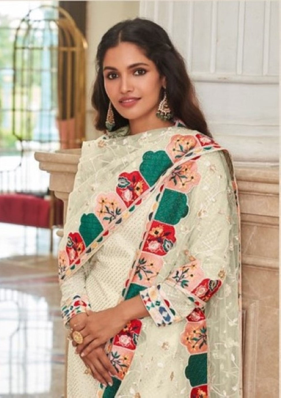Anaita Cream Faux Georgette Plazzo Suit With Embroidery & Sequins Work