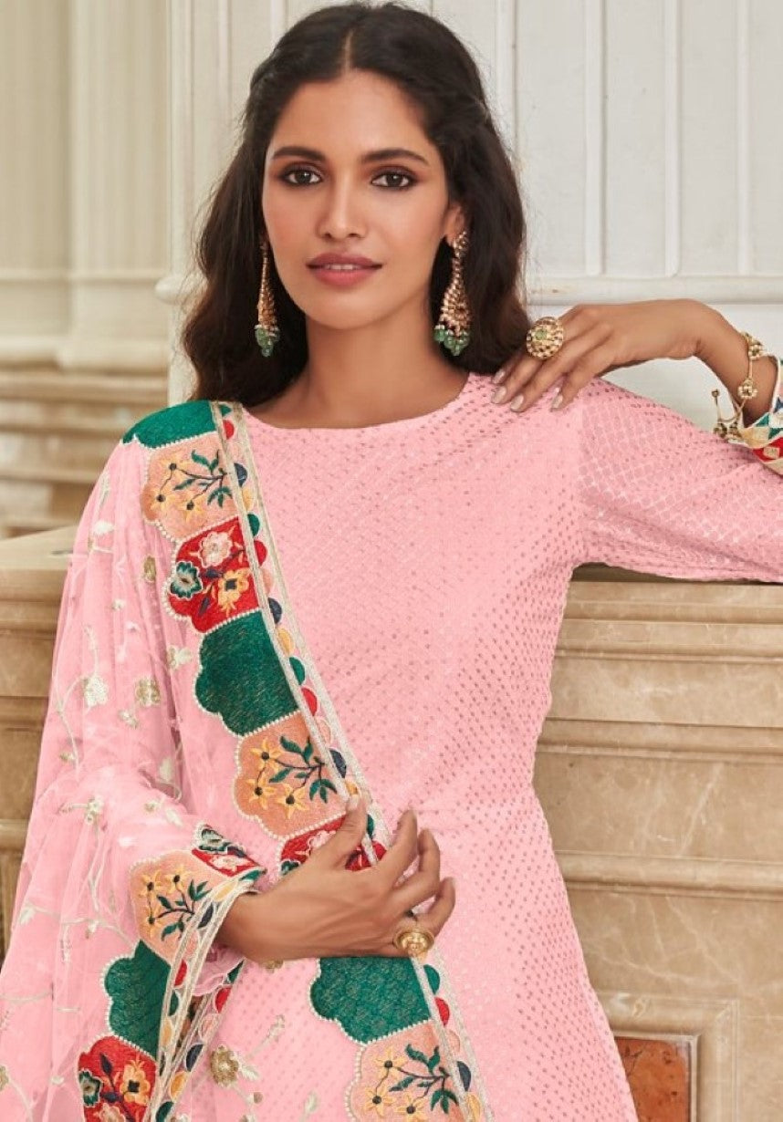 Anaita Baby Pink Faux Georgette Plazzo Suit With Embroidery & Sequins Work