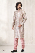 Raivat Ethnic Jacquard Banarasi Silk Digital Print Kurta Pajama In Cream Peach Colour