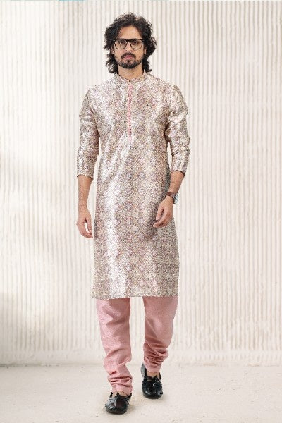 Raivat Ethnic Jacquard Banarasi Silk Digital Print Kurta Pajama In Cream Peach Colour