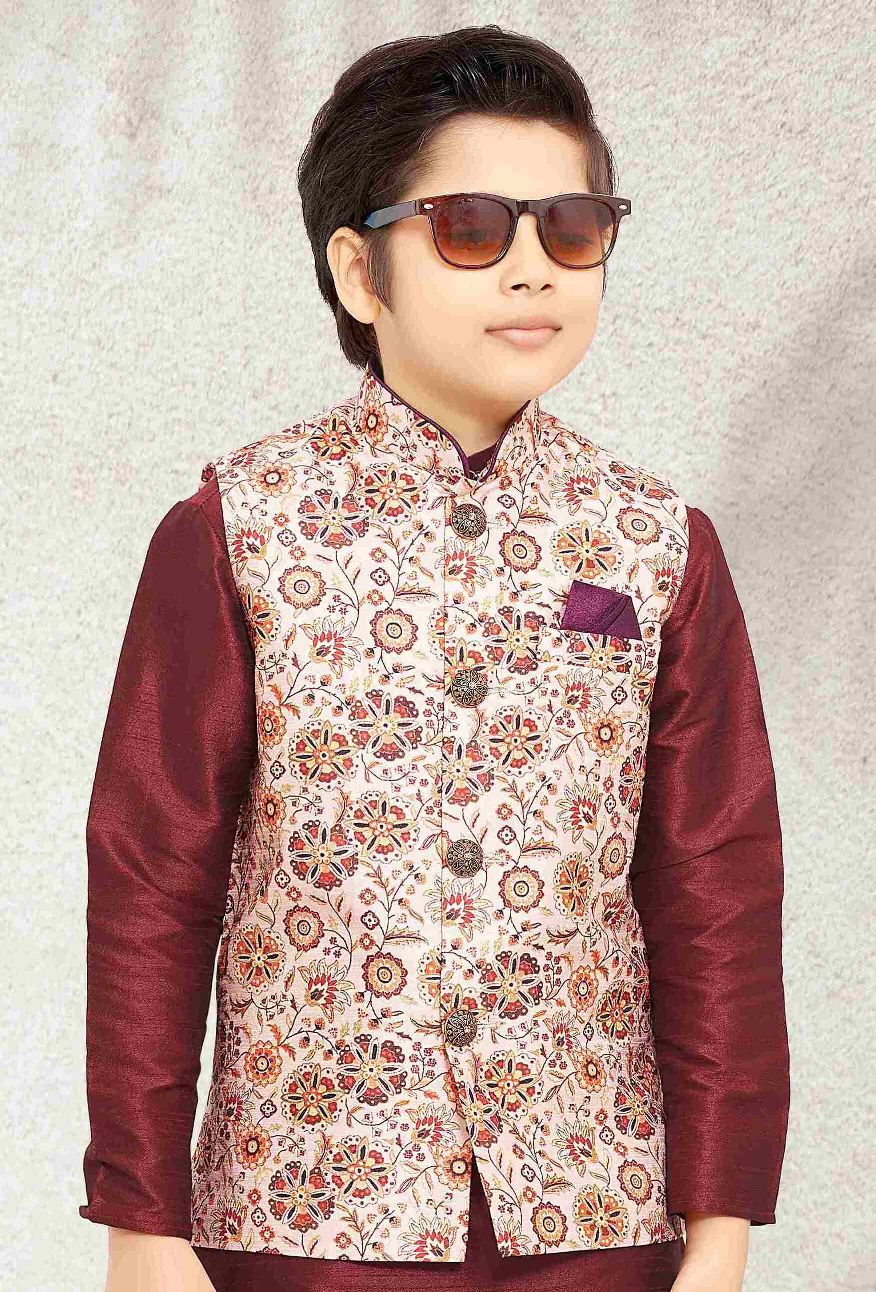 Raivat Ethnic Banarasi Silk Digital Printed Kurta Pajama With Jacket In Cream Colour