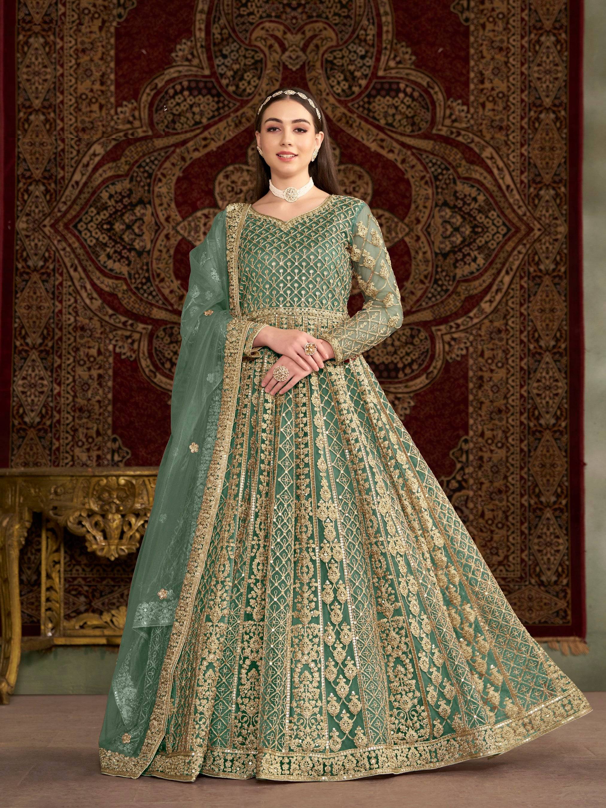 Anaita Green Embroidered Net Anarkali Suit