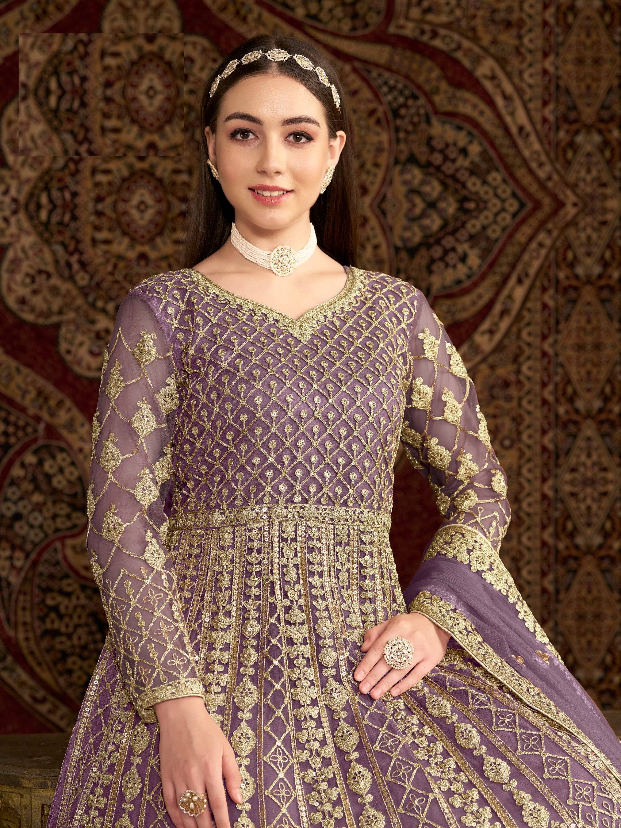 Anaita Purple Embroidered Net Anarkali Suit