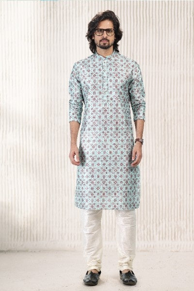 Raivat Ethnic Jacquard Banarasi Silk Digital Print Kurta Pajama In Green Colour