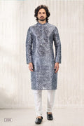 Raivat Ethnic Jacquard Banarasi Silk Digital Print Kurta Pajama In Dark Grey Colour