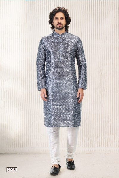 Raivat Ethnic Jacquard Banarasi Silk Digital Print Kurta Pajama In Dark Grey Colour