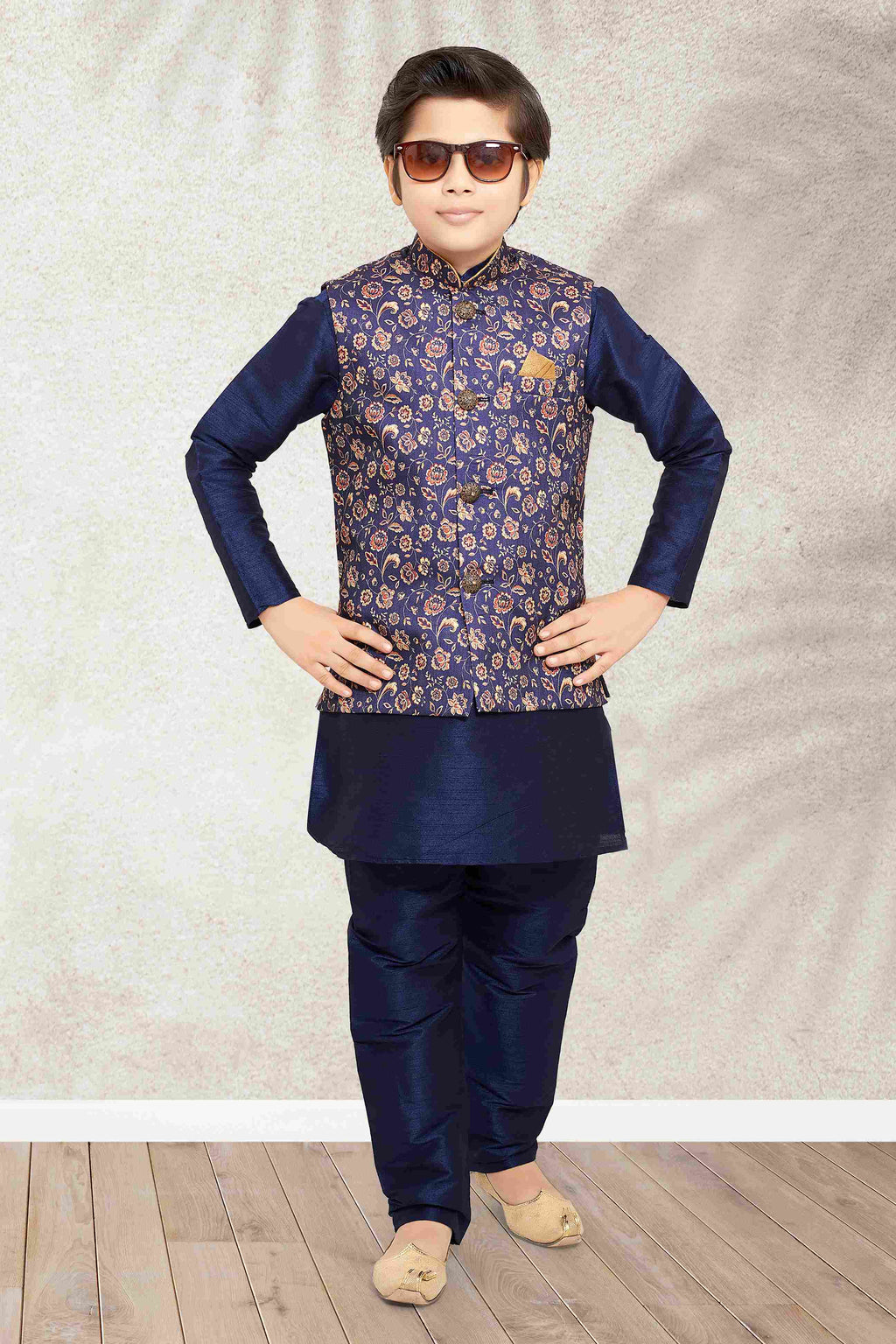 Raivat Ethnic Banarasi Silk Digital Printed Kurta Pajama With Jacket In Blue Colour
