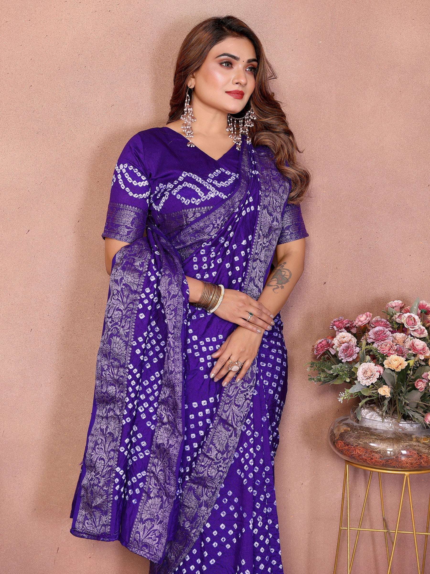 Anaita Blue Handmade Bandhej Viscose Silk Saree With Blouse