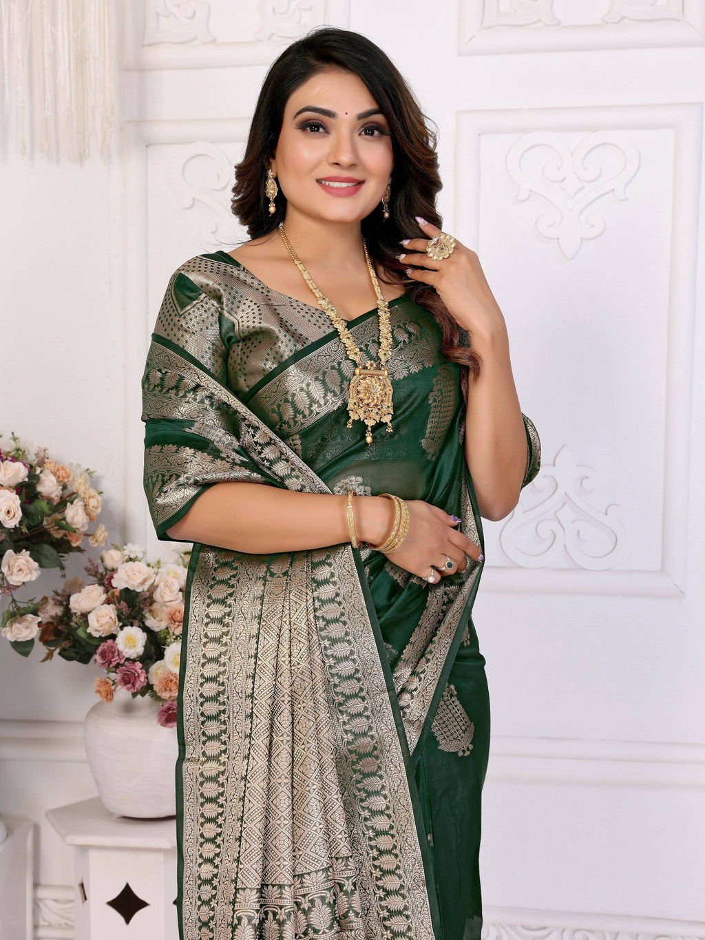 Aastha Fashion Green Soft Organza Silk Weaving Saree