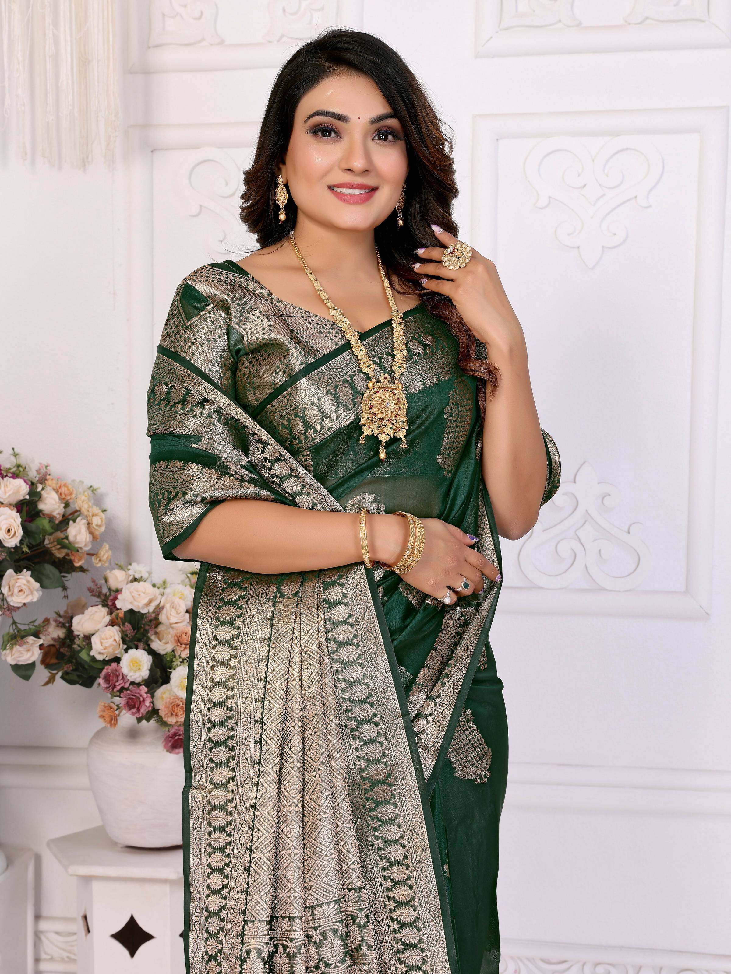Aastha Fashion Green Soft Organza Silk Weaving Saree