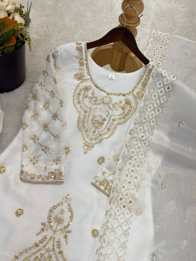 Teeya Creation White Color Gimmychu Silk Embroidery Work Wedding Wear Salwar Suit