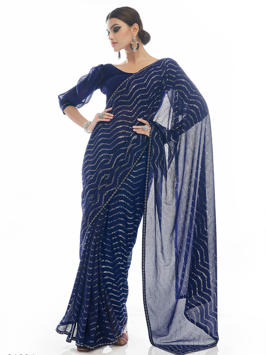 Myra Navy Blue Georgette Embroidered Designer Saree