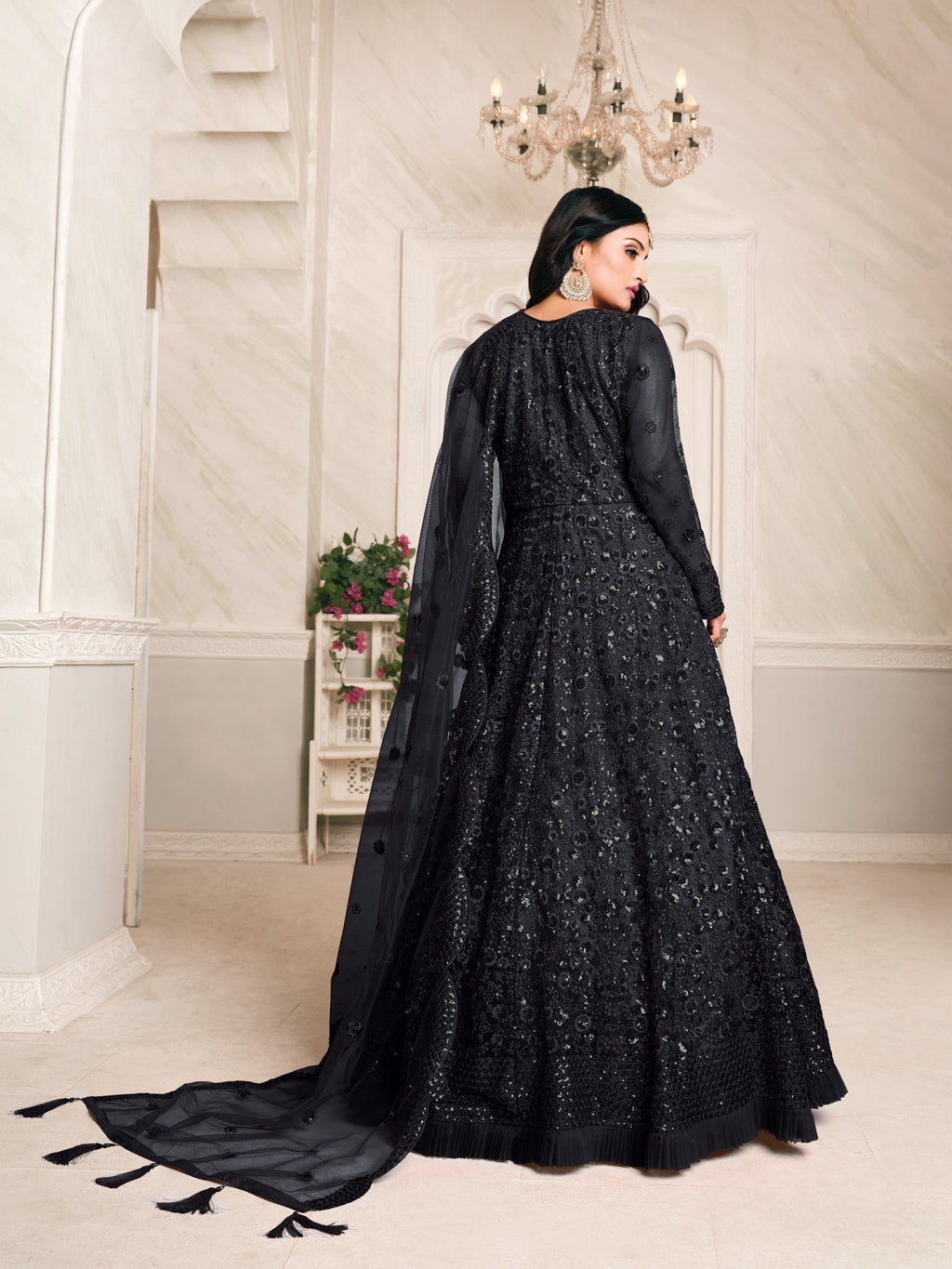 Anaita Black Embroidered Net Anarkali Suit