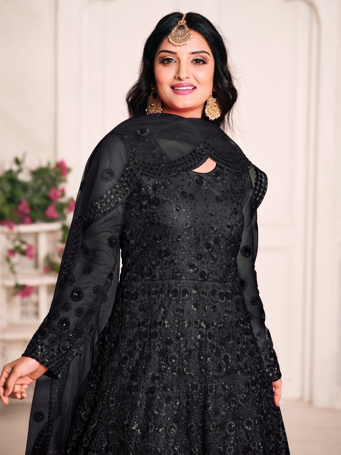 Anaita Black Embroidered Net Anarkali Suit