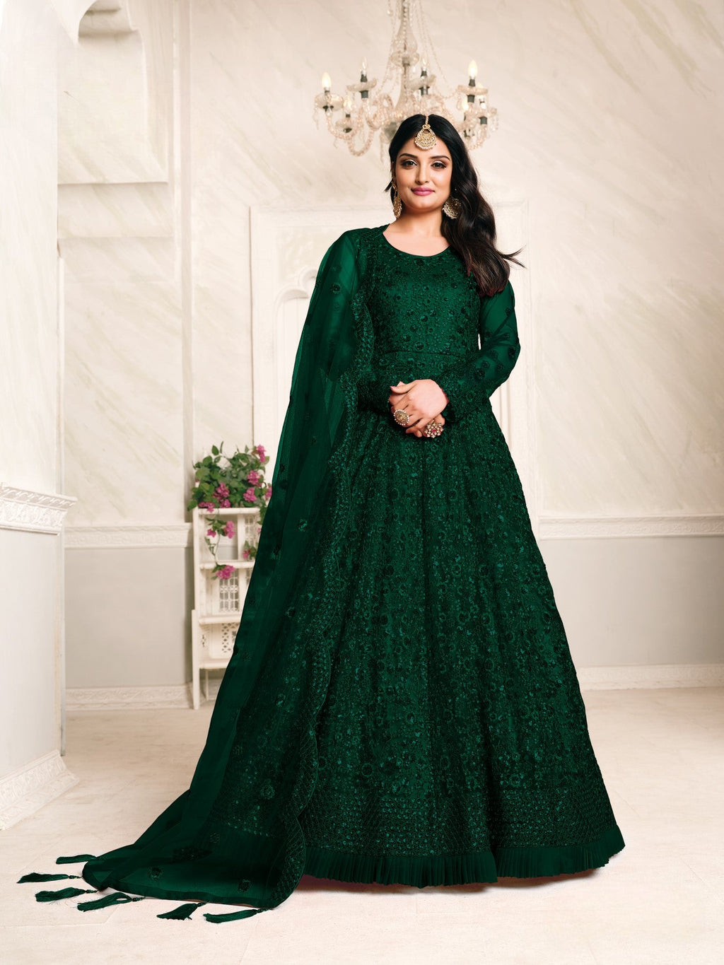 Anaita Green Embroidered Net Anarkali Suit