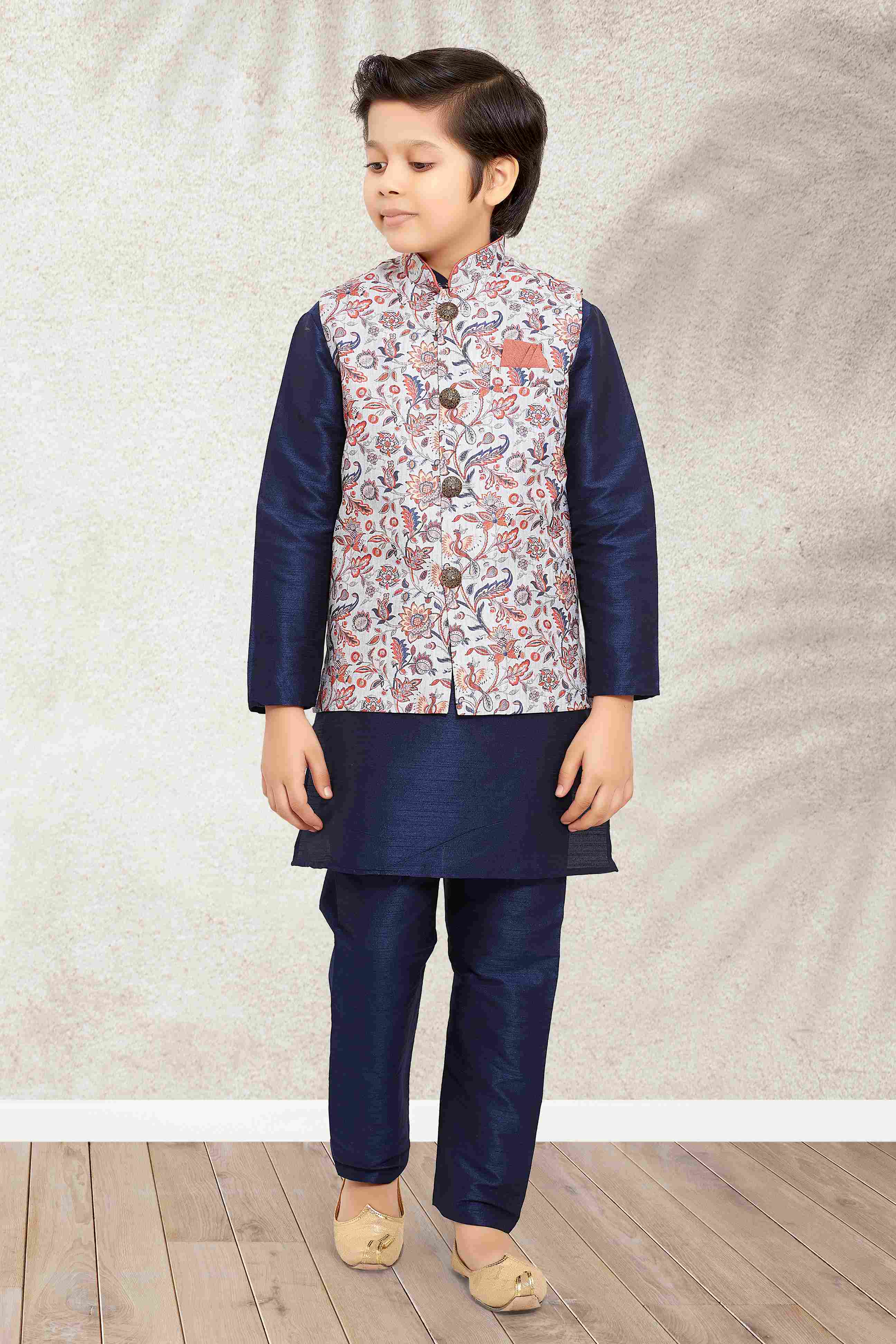 Raivat Ethnic Banarasi Silk Digital Printed Kurta Pajama With Jacket In Blue Colour