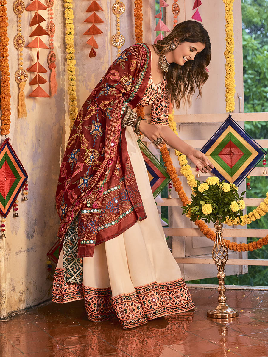 Myra Beige Maslin Cotton Embroidered Navratri Special Lehenga